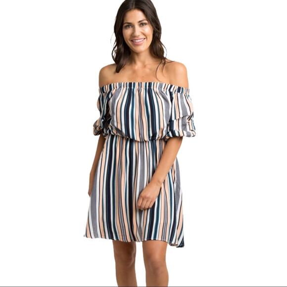 Peach Love Striped Off the Shoulder Dress Small